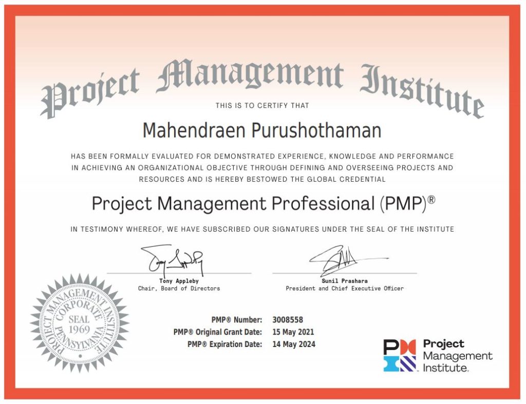 project management professional mahendraen purushothaman certification no deviation